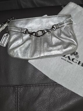 Coach Silver Metallic Wristlet Clutch With Dust Bag